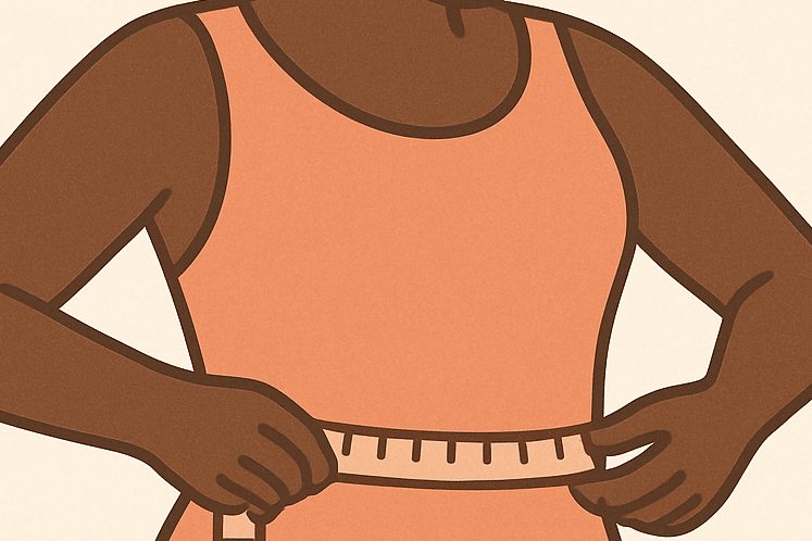 A woman measuring her waist looking content