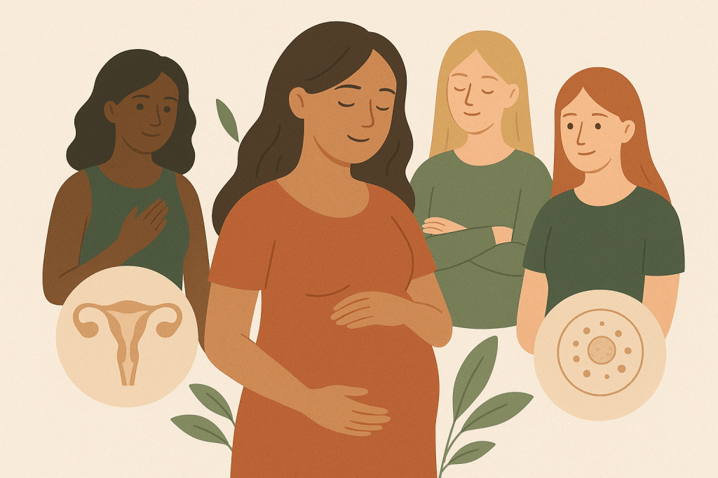 Illustration of diverse women representing hormone balance, fertility, pregnancy, and reproductive health